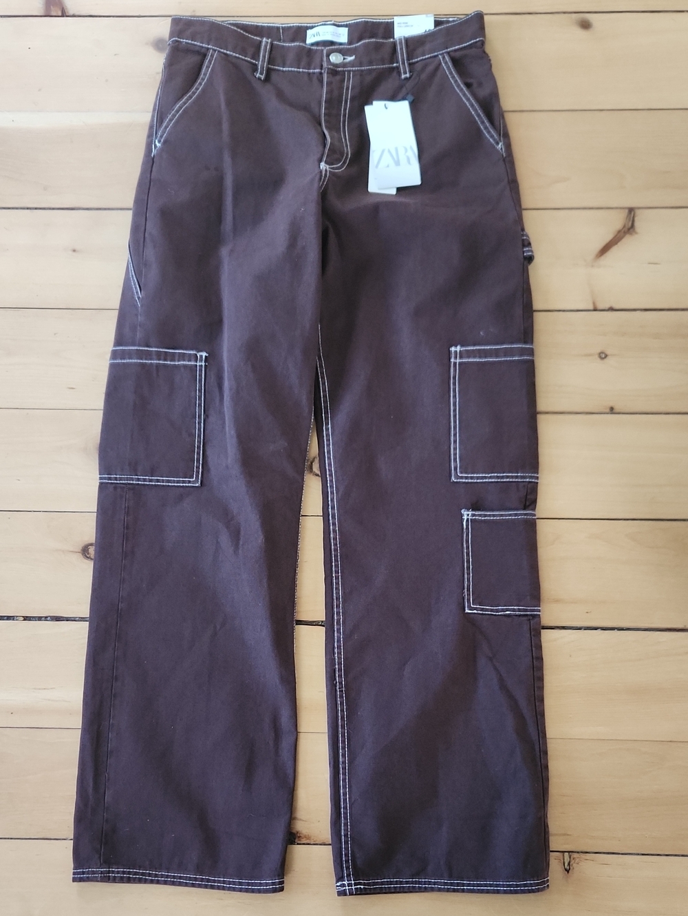 Zara Womens Dark Brown Cargo Pants with Contrast Stitching